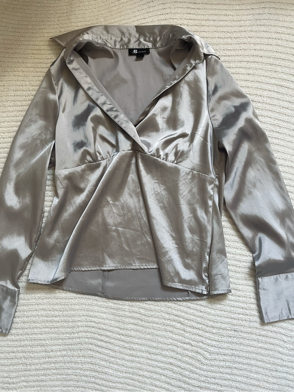 AB Studio Silver Satin Draped Collar Women's Blouse